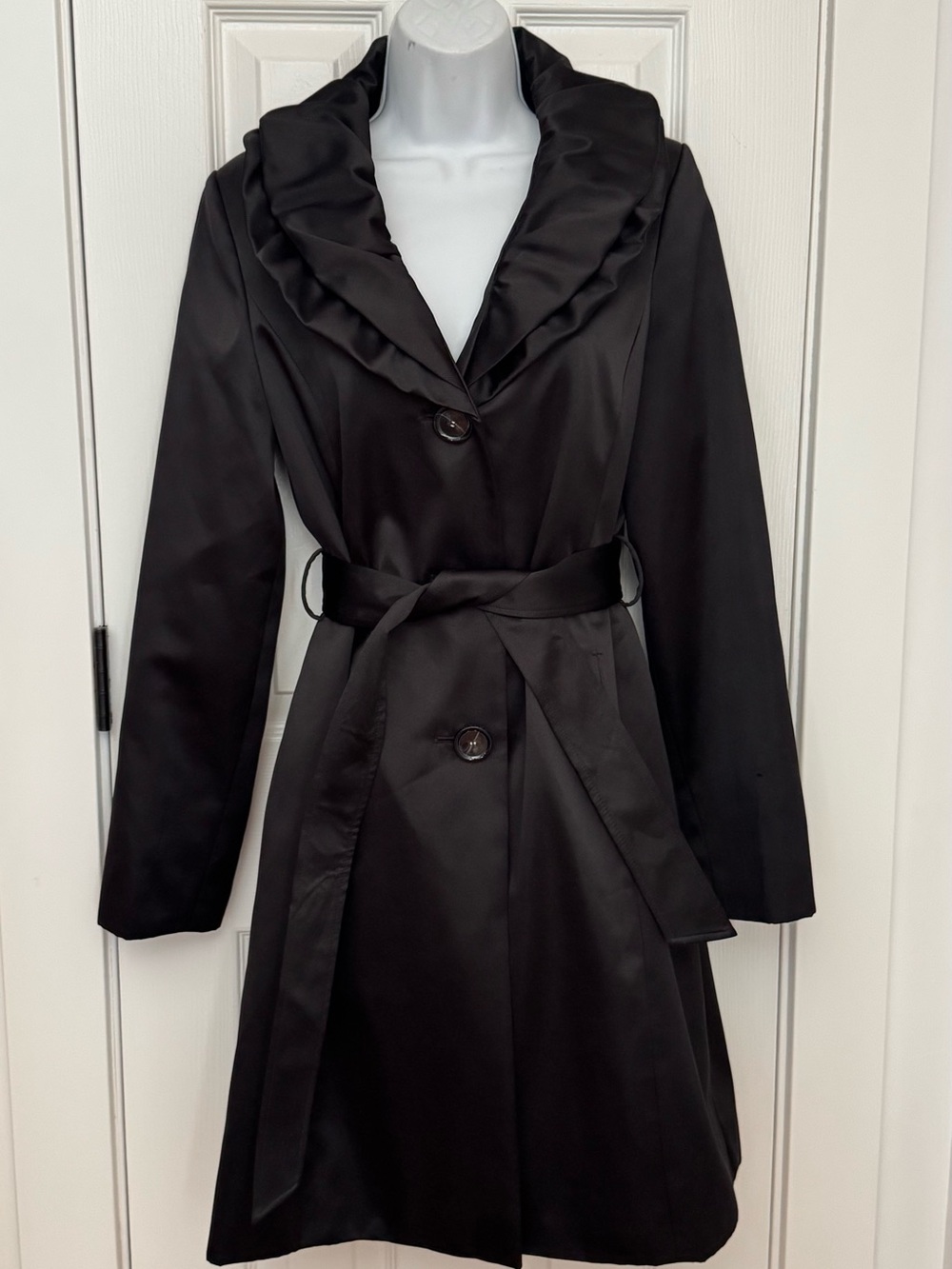 Tahari Black Ruffle Collar Trench Coat